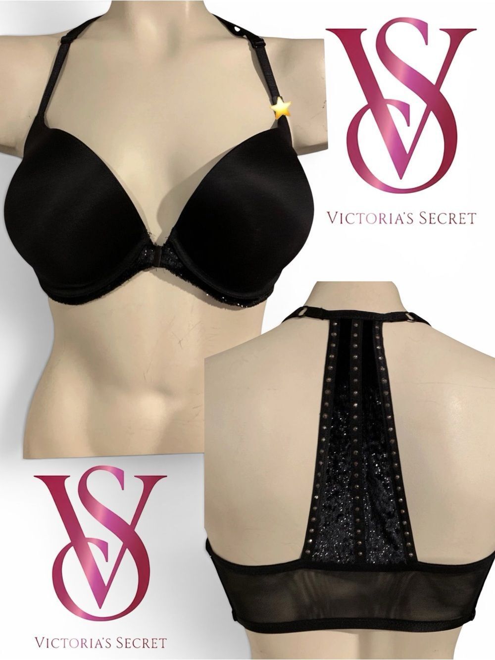 Victoria’s Secret Black Front Closure Push-Up Racerback Bra Studded 38C